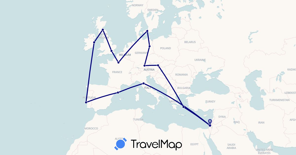 TravelMap itinerary: driving in Austria, Germany, Denmark, Spain, France, United Kingdom, Greece, Ireland, Israel, Italy, Portugal (Asia, Europe)